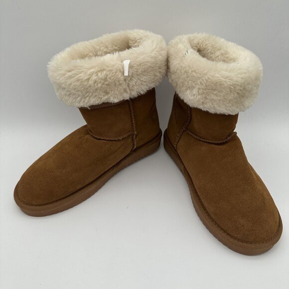 Monroe Fleece Lined Suede Boots Size 9 Womens Tan Slip-On Warm Comfortable - Picture 2 of 7